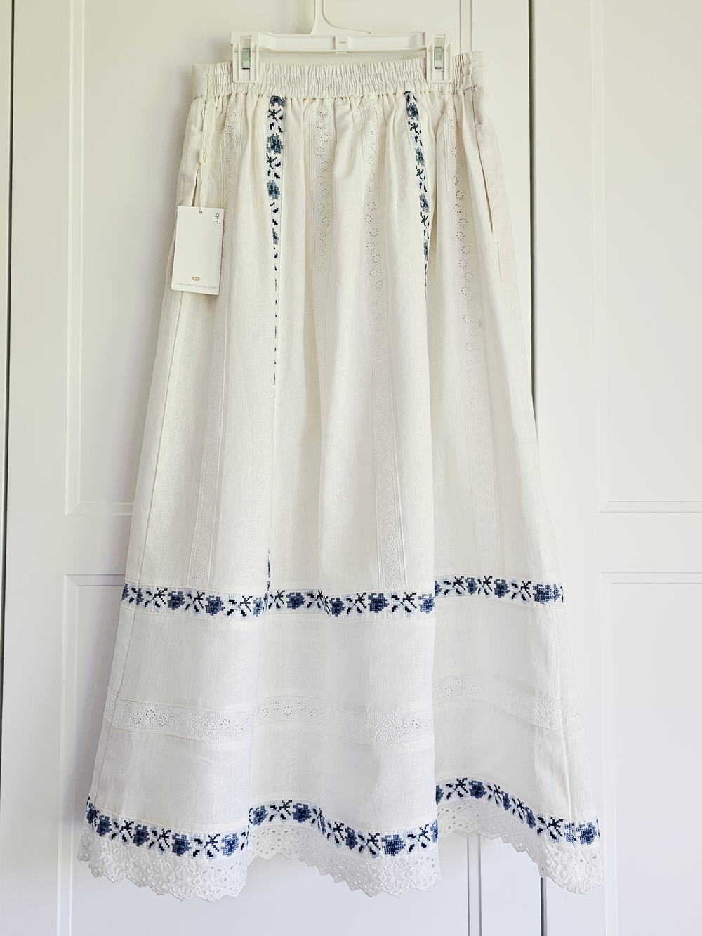 Caroline Constas White Maxi Skirt with Blue Floral Embroidery Small - NWT $189 - Picture 6 of 9